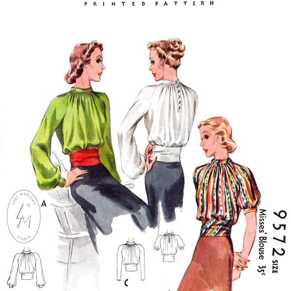 vintage sewing pattern 1930s blouse pattern // bishop or puff sleeves cinched waist  // reproduction // Bust 34 / 1930