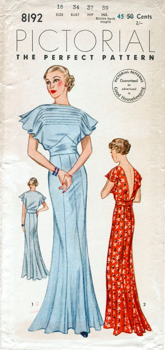 Patron de couture vintage annees 30 annees 1930 robe vintage motif de couture mariage mariee soir ou apres midi robe buste 34 b34 reproduction 1930 Etsy France