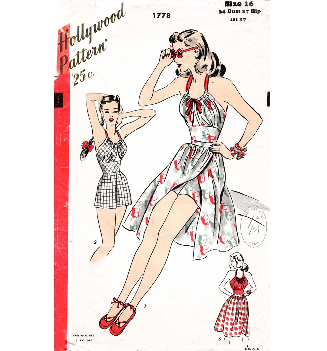 Vintage Sewing Pattern 1940s 40s Pattern // Beachwear Playsuit & Wrap ...