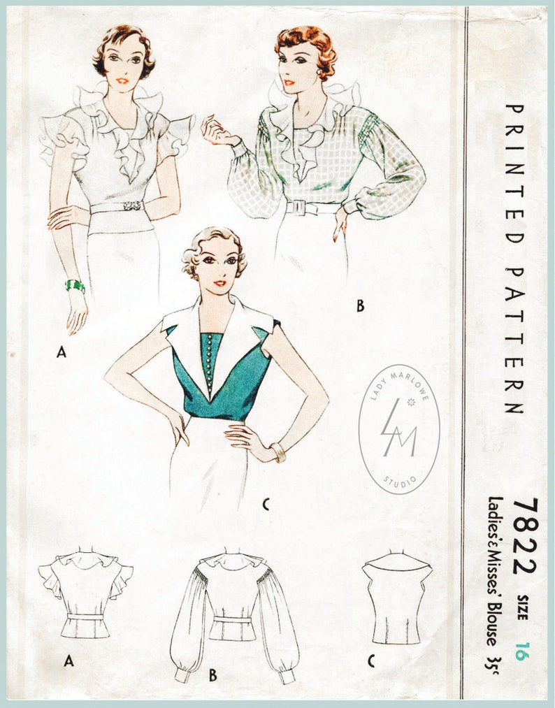 vintage sewing pattern vintage sewing pattern 1930s 30s misses women/'s art deco blouse Bust 34 B34 Repro with French /& English instructions