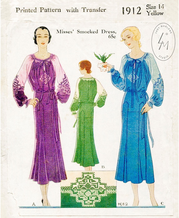 Vintage Sewing Pattern 1920s 1930s Dress Smocking Detail Hand 