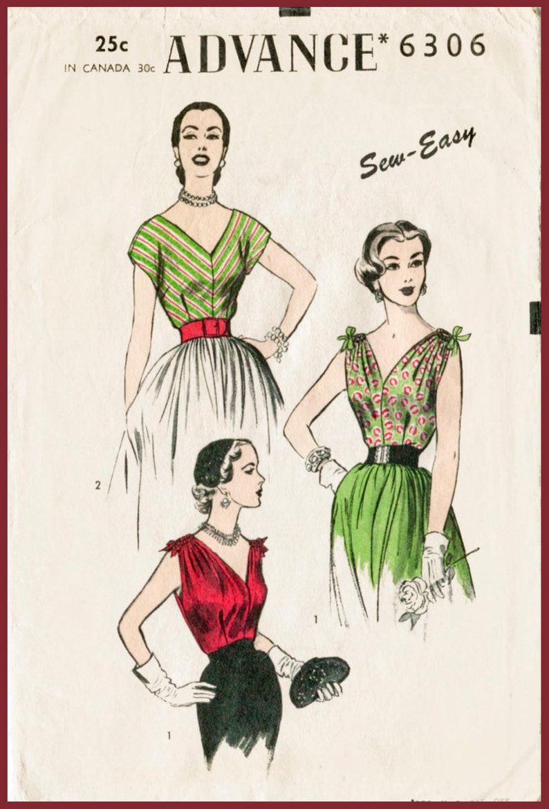 May include: Vintage sewing pattern for a dress with a green and white striped bodice and a green skirt. The pattern is from Advance, number 6306, and is labeled "Sew-Easy".
