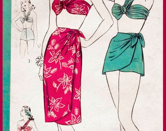 May include: A vintage sewing pattern for a two-piece swimsuit. The pattern is for size 16, with a 34 inch bust and 37 inch hip. The pattern includes a halter top with a bow and a wrap skirt. The pattern is from Hollywood Pattern and costs 25 cents.