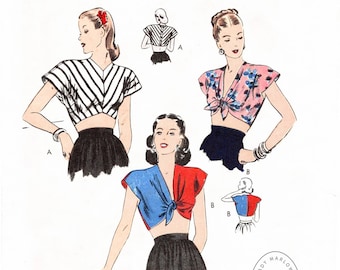 vintage sewing pattern  1940s 40s crop top beachwear // reproduction // PICK YOUR SIZE Bust 32 34 36 38 // 1940