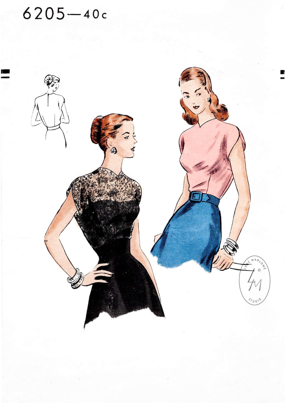 1940 Vintage Sewing Pattern 1940s Blouse Cap Sleeves Fitted Bodice