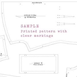 Op de afbeelding: Een zwart-wit naaipatroon voor een blouse met duidelijke markeringen. Het patroon bevat instructies voor de voorkant van de blouse, de voorpand en de polsband. De tekst op het patroon luidt "Voorpand Blouse A", "Voorpand Joch B", "Polsband G", "Gedrukt patroon met duidelijke markeringen" en "Voorbeeld".