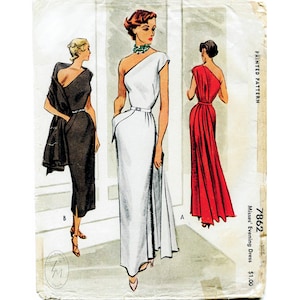 1940s 1950s vintage gown sewing pattern evening cocktail dress one shoulder paneled drape bust 30 32 34 36 reproduction English & French