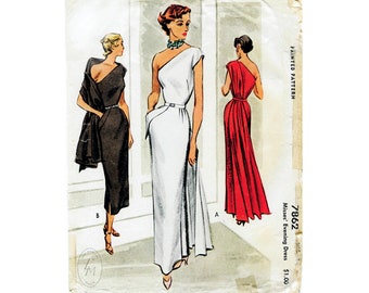 1940s 1950s vintage gown sewing pattern evening cocktail dress one shoulder paneled drape bust 30 32 34 36 reproduction English & French