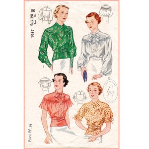 May include: A vintage sewing pattern for a blouse with a ruffled collar and long sleeves. The pattern is for sizes 38 and 40, and the price is $1.50. The pattern is from Lady Marione Studios.