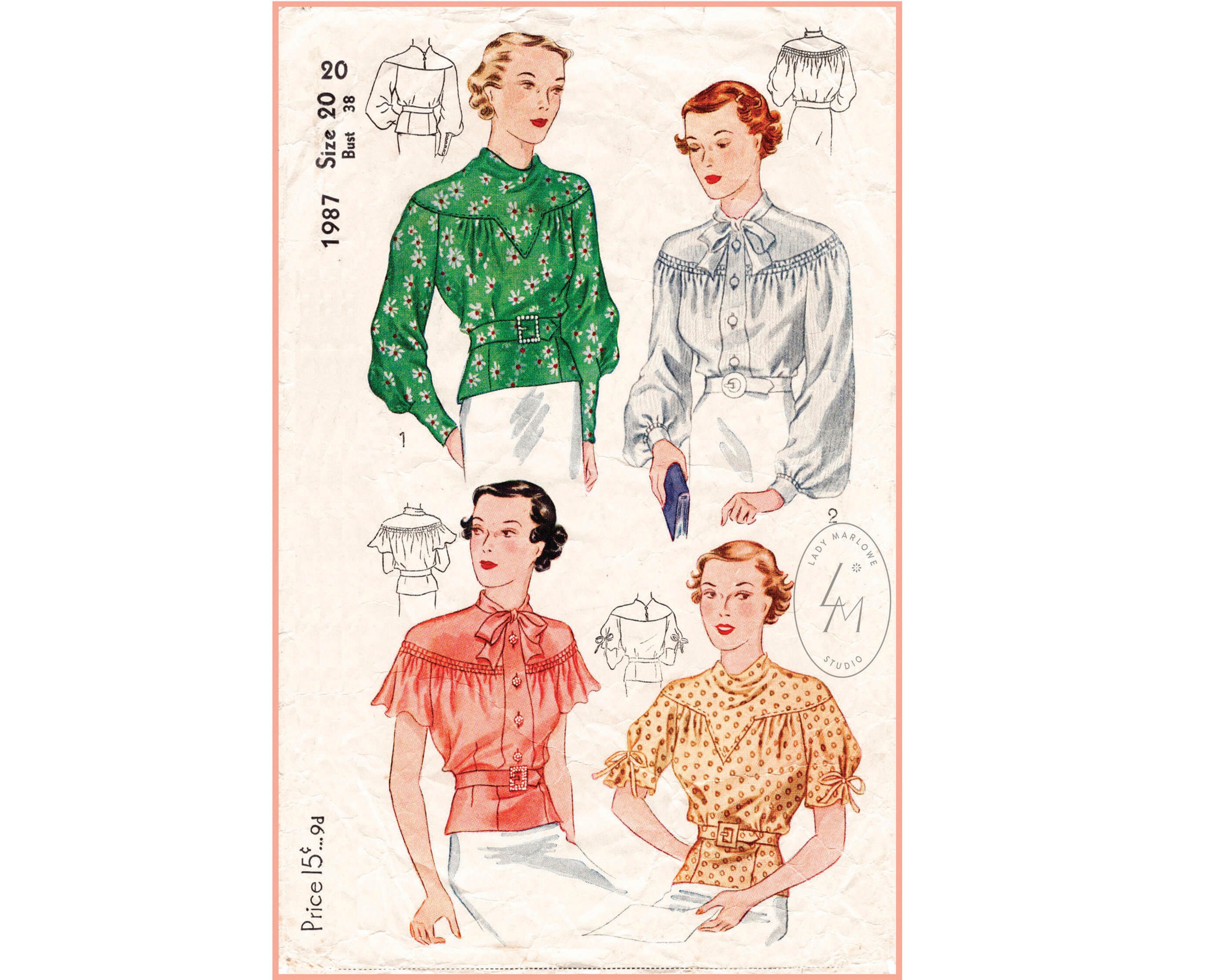 1930s Vintage Sewing Pattern 30s Set of Blouses 4 Styles Art Deco ...