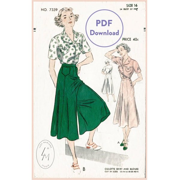 modèle de couture vintage 1930s pantalon large jambe ou jupe culotte - buste chemisier 34 Téléchargement instantané