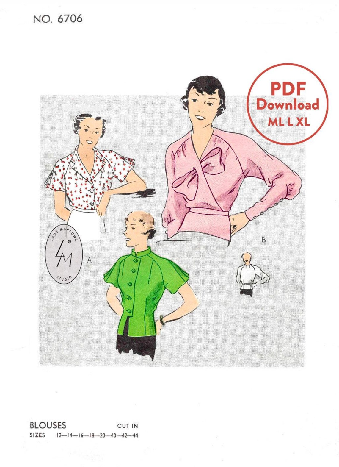 ML L XL Vintage Sewing Pattern 1930s 30s Blouse Top in 2 Styles / Art ...