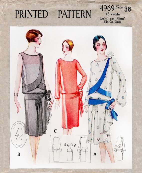 vintage sewing pattern 1920s 20s flapper party dress / reproduction / drop waist / band trim /  sash bow / bust 38