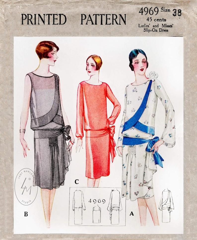 Vintage sömnadsmönster 1920-20-tals flapperfestklänning / reproduktion / sänkt midja / bandkant / skärprosett / byst 38 bild 1