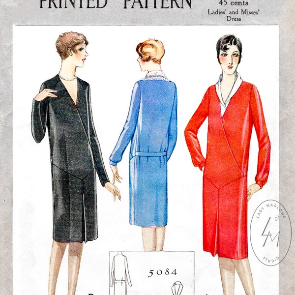 1920s 20s dress / vintage sewing pattern reproduction / flapper era drop waist / faux wrap dress / shawl collar / Bust 34 36 38 40 42