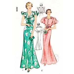 1930s 30s dress vintage sewing pattern reproduction / evening gown / wedding bridal dress / flounce sleeves / godet skirt / bust 32 34 36 38