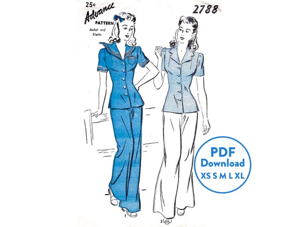PDF Instant Download 1940s Sailor Suit Wide Leg Trousers Vintage