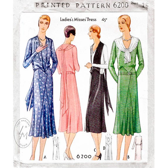 1930s 30s Dress Vintage Sewing Pattern Reproduction // Afternoon Tea Dress  // Scarf Collar // Flounce Skirt // Bust 34 - Etsy