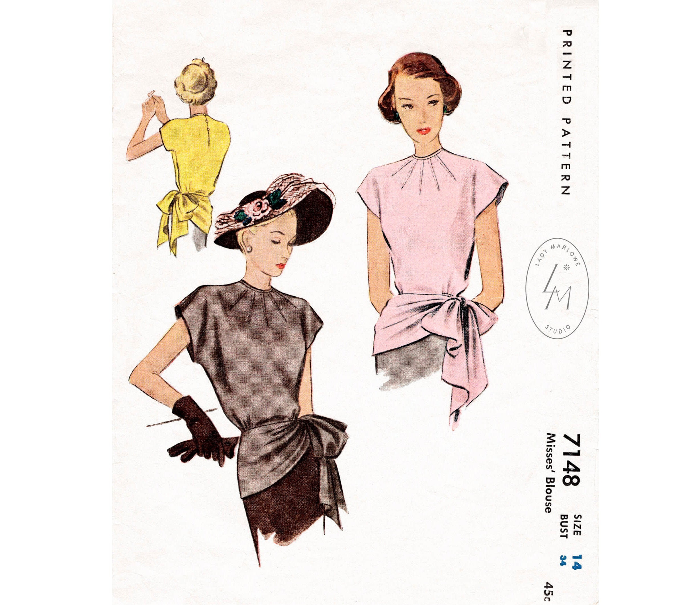 1940 Vintage Sewing Pattern 1940s 40s Blouse Reproduction Side Gather ...