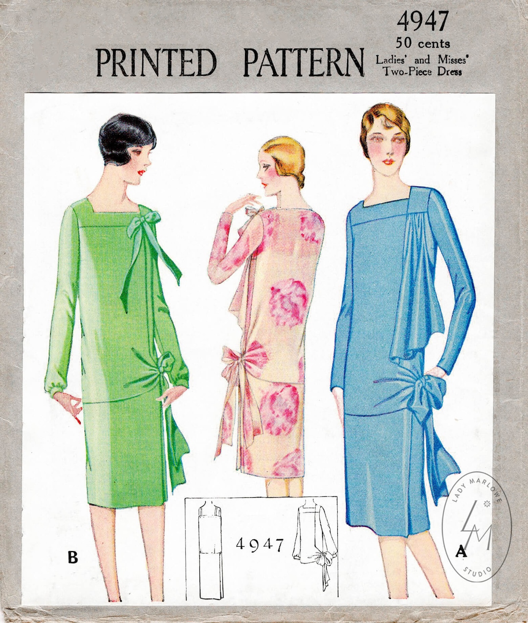 1920s 20s Evening Cocktail Dress Pattern Vintage Sewing Pattern