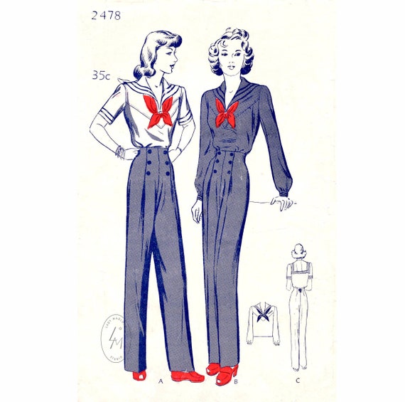 1940s 40s Sailor Suit 2 Styles / Blouse Nautical Trousers / Reproduction  Vintage Women's Sewing Pattern / PICK YOUR SIZE Bust 30 32 34 36 38 