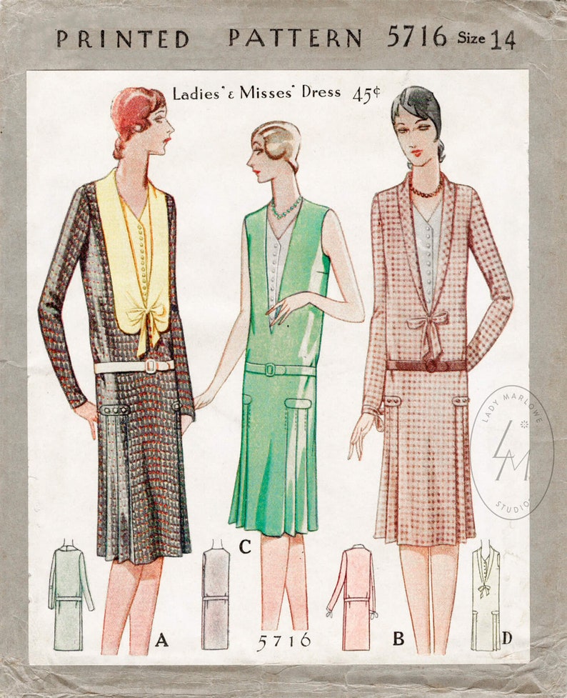 vintage sewing pattern 1920s 20s McCall pattern flapper day dress drop waist bust 32 image 1