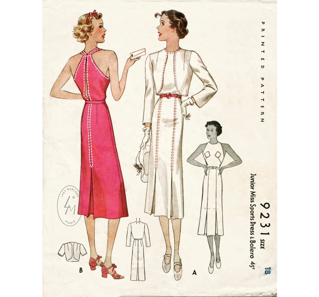 1930s 30s Vintage Women's Sewing Pattern Halter Dress & Bolero Beach ...