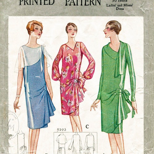 Vintage Sewing Pattern 1920s 20s Drop Waist Dress Reproduction // 3 Styles  // Contrast Bands // Art Deco Details // Bust 34 - Etsy