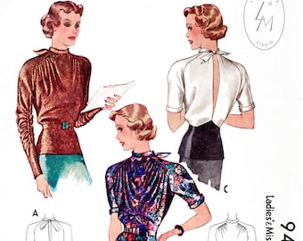 vintage sewing pattern 1930s 30s evening blouse repro // art deco details // bust 30 32 34 36 38 // English & French instructions / 1930