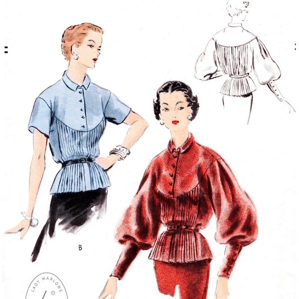 vintage sewing pattern 1950s 50s pleated blouse pattern reproduction // lantern sleeves short sleeves // Bust 32