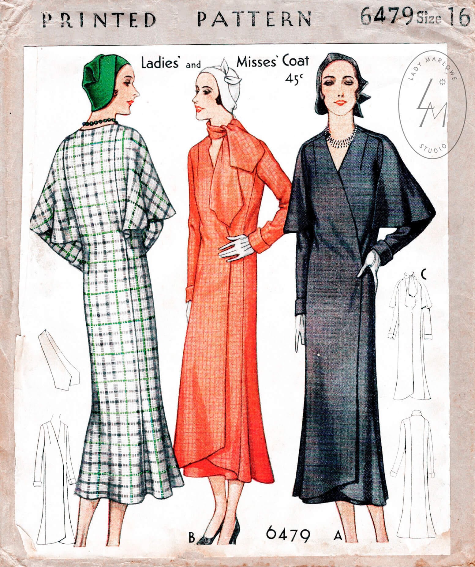 Vintage Sewing Pattern 1930s Capelet Coat Two Styles Attached Scarf ...
