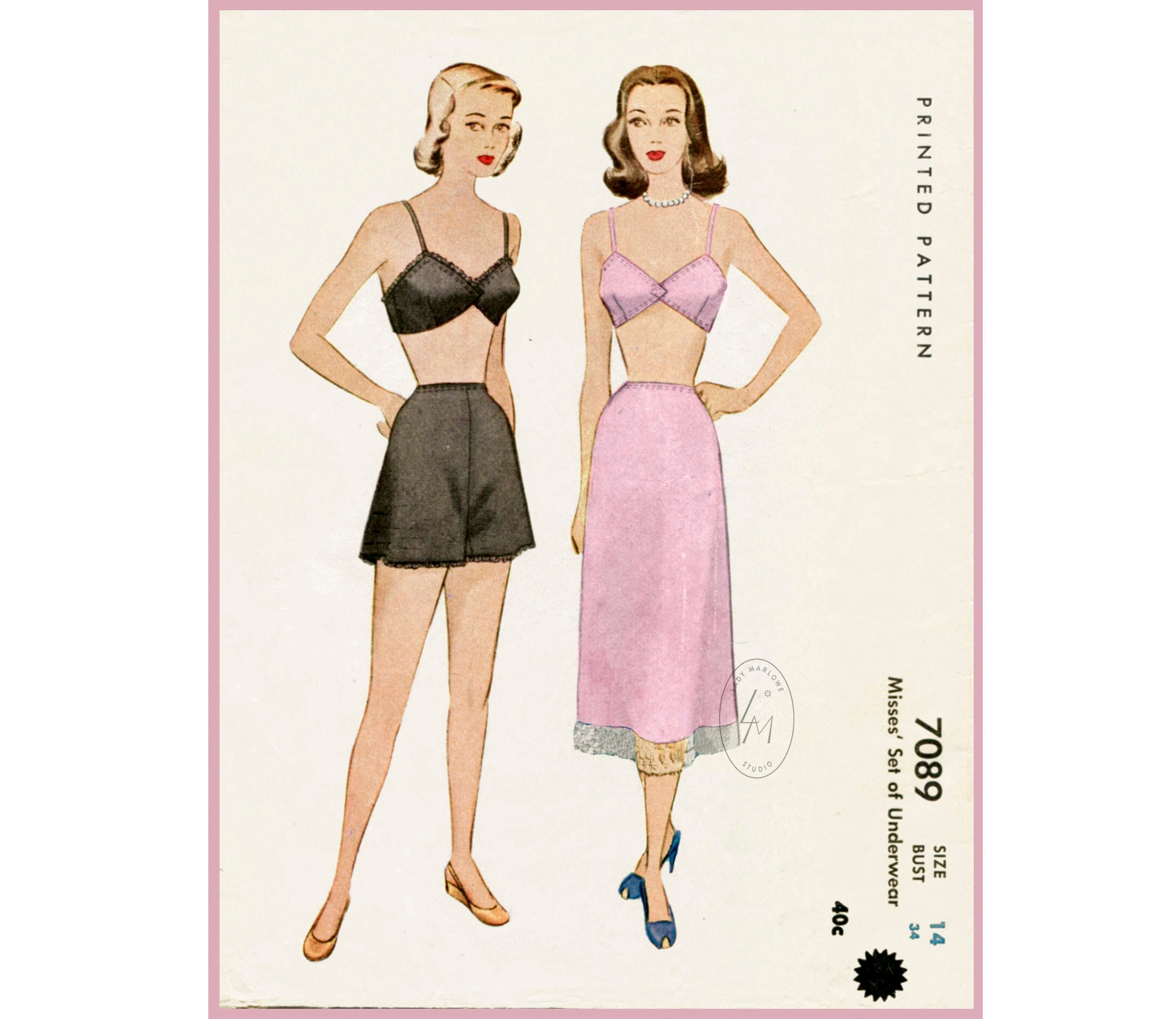 Vintage Sewing Pattern Vintage Bra Pattern 1940s 1950s Lingerie Bralette  Tap Short Slip Skirt Bust 34 B34 English & French Reproduction 