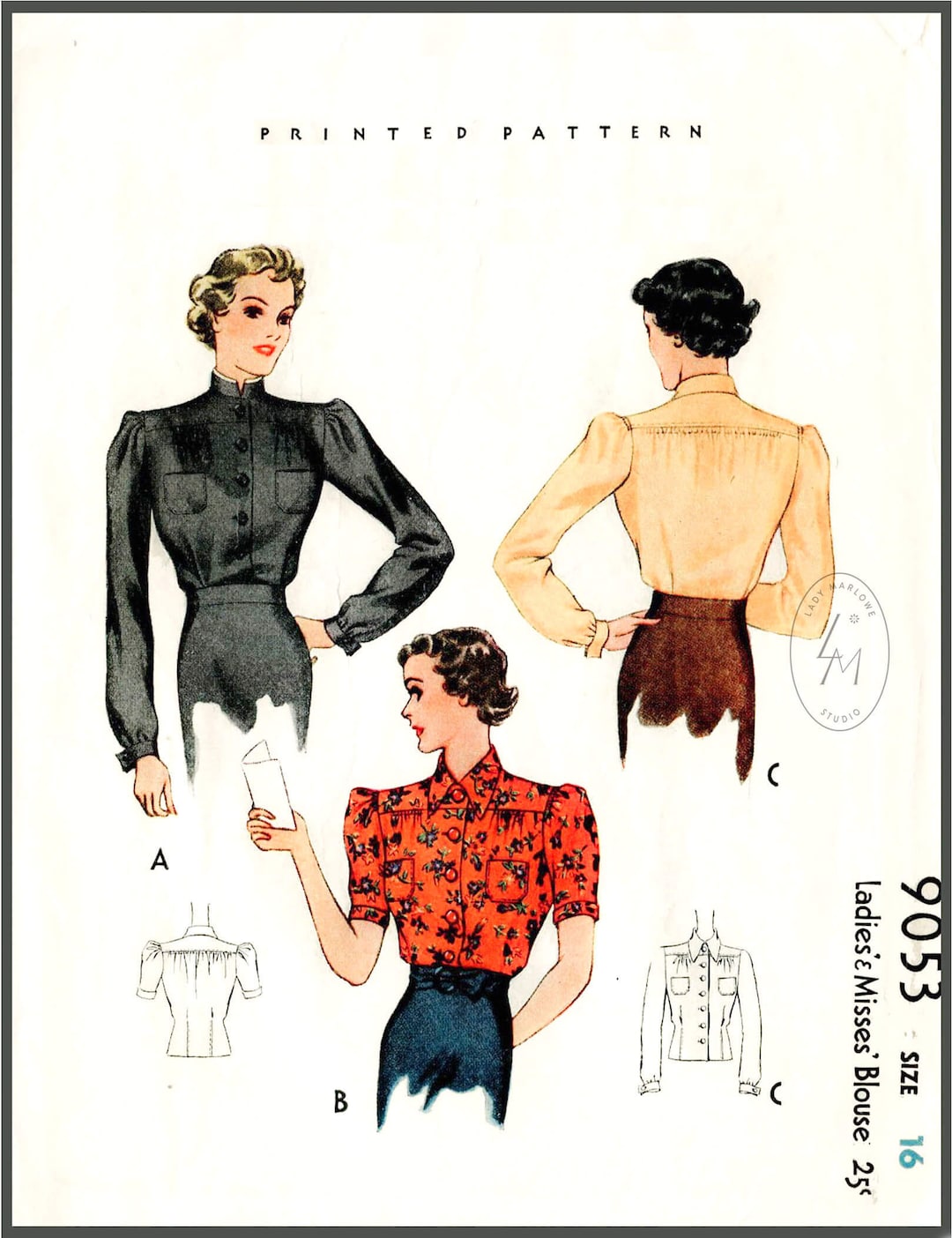 Vintage Sewing Pattern 1930s 30s Misses Women's Blouse Size 16 Bust 34 ...