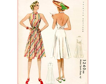May include: Illustration of a vintage Misses' Sport Dress pattern. The design features two halter dresses: one with colorful diagonal stripes and the other a white backless dress. The pattern includes a smaller diagram of the white dress. The text "PRINTED PATTERN" is visible.