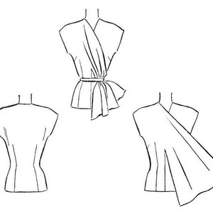 May include: Line drawing illustration of a wrap top with three different views. The top has a V-neck and short sleeves. The top is tied at the waist with a sash.