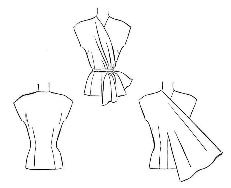 May include: Line drawing illustration of a wrap top with three different views. The top has a V-neck and short sleeves. The top is tied at the waist with a sash.