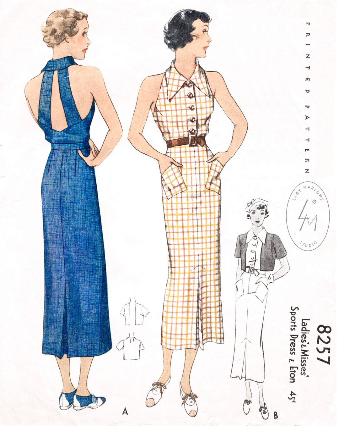 Vintage Sewing Pattern 30s 1930s Fitted Halter Dress Reproduction ...