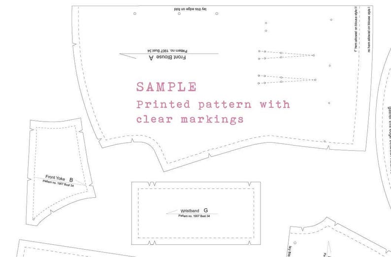 May include: A black and white sewing pattern for a blouse with clear markings and instructions. The pattern includes pieces for the front, back, and sleeves. The text on the pattern reads "Front Blouse A", "Front Yoke B", and "Wistband G".