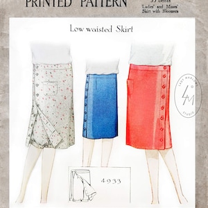 May include: A vintage sewing pattern for a low-waisted skirt with bloomers. The pattern shows three different skirt styles: one with a floral print, one in blue, and one in red. The pattern is labeled "4933" and "35 cents".