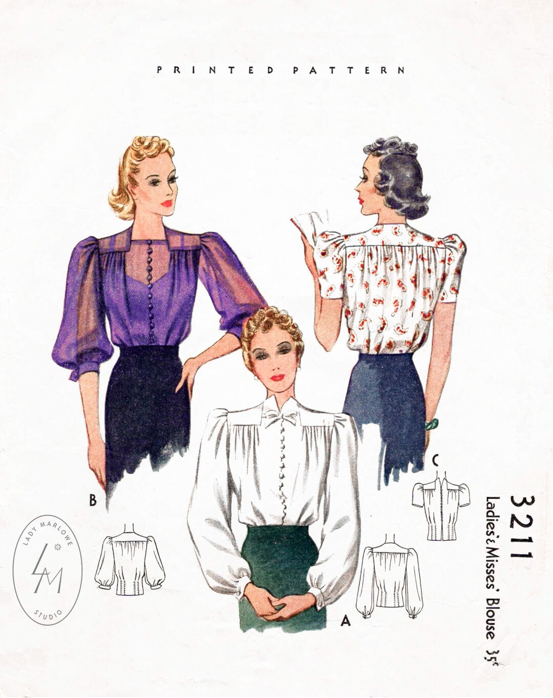 Patron de costura vintage 1930s 30s patron de blusa mangas abullonadas mangas completas detalle de fruncido reproduccion Busto 32 34 36 38 1930 Etsy Espana