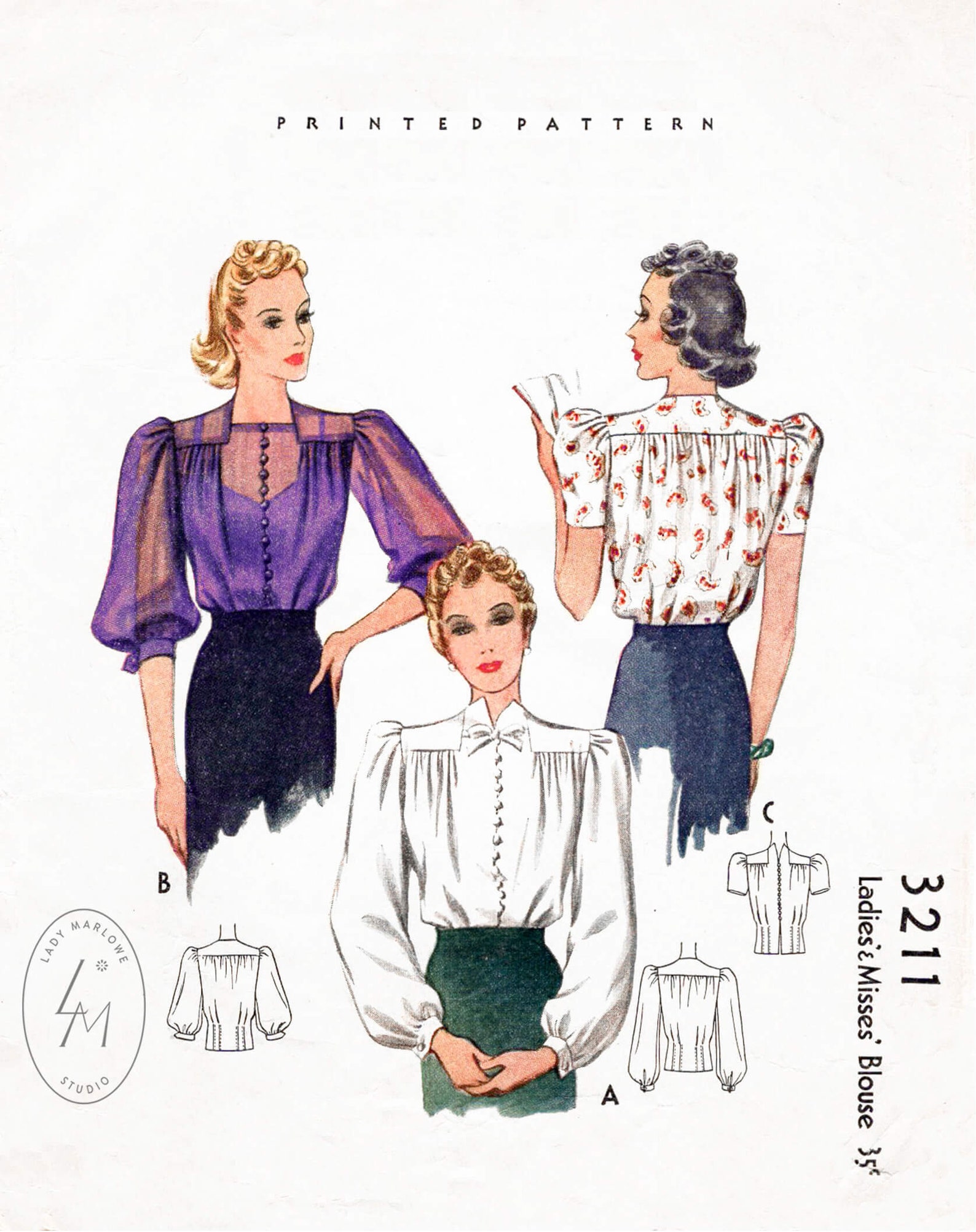 Vintage Sewing Pattern 1930s 30s Blouse Pattern // Puff Sleeves // Full ...