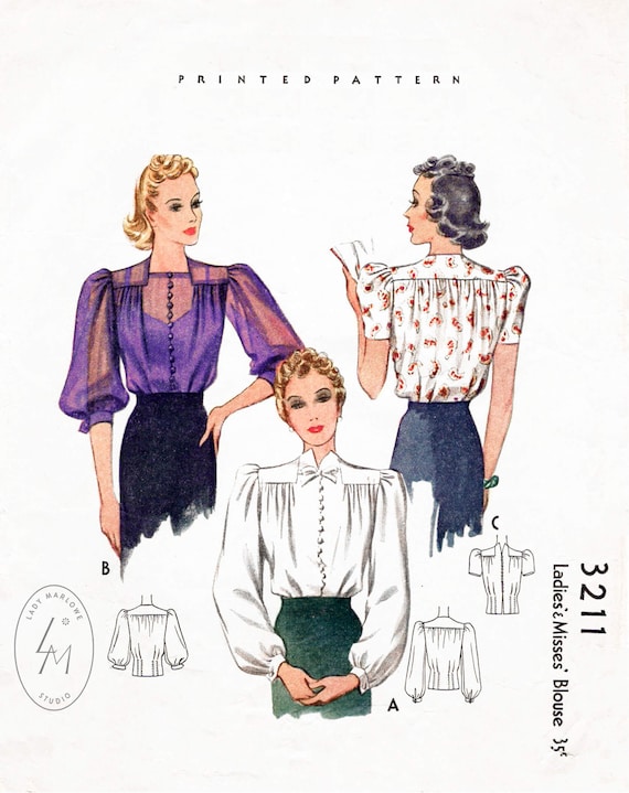 Vintage Sewing Pattern 1930s 30s Blouse Pattern // Puff Sleeves