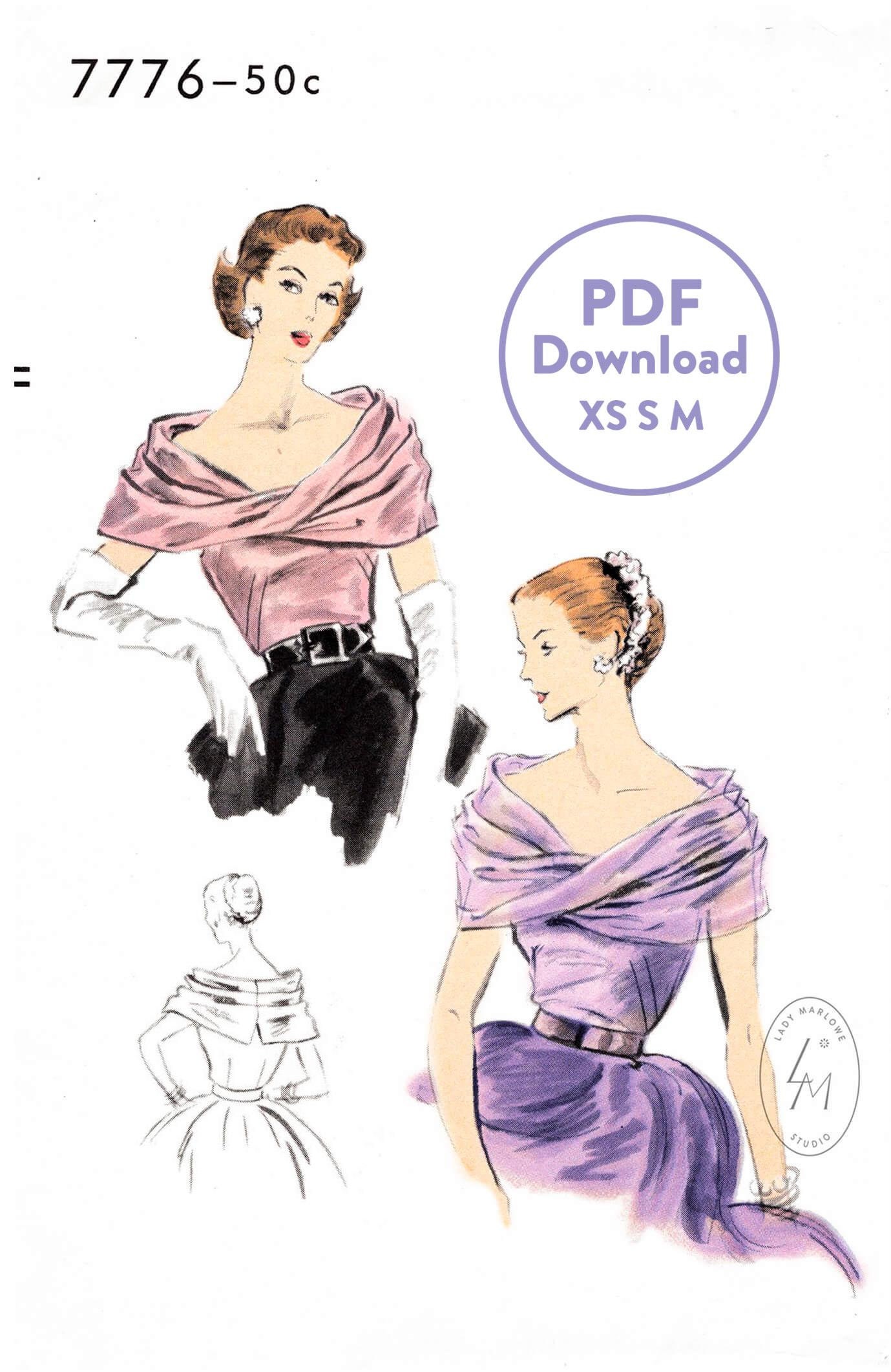 XS S M Vintage Schnittmuster 1950er 50er Jahre Bluse / Bluse weiter Ausschnitt Dekolleté / Schrägtuch / PDF Download digital