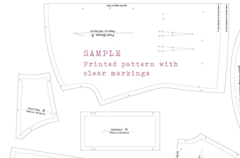 May include: A black and white sewing pattern for a blouse with clear markings and instructions. The pattern includes pieces for the front blouse, front yoke, and wristband.
