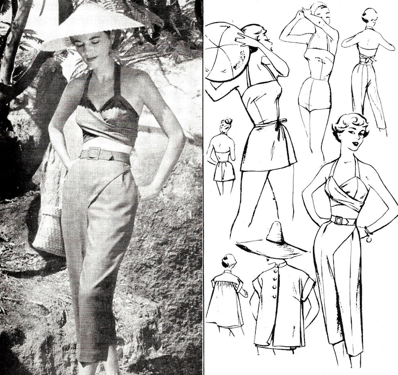 1950s Sewing Patterns | Dresses, Skirts, Tops, Mens vintage sewing pattern 1950s 50s beachwear 5 piece set romper playsuit wrap skirt halter capris jacket PICK YOUR SIZE bust 32 34 36 38 40 $25.80 AT vintagedancer.com