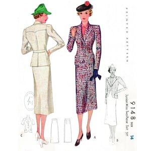 1930s vintage sewing pattern 2 piece suit / single breasted jacket & skirt / bust 32 b32 / 1930 1937 reproduction