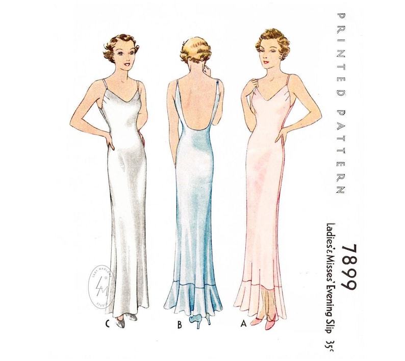 1930s 30s vintage slip dress sewing pattern / bias cut gown / evening length / negligee / low plunge back / bust 32 34 36 38 40 