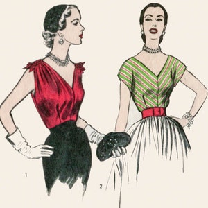 May include: Two women wearing sleeveless tops. The woman on the left is wearing a red top with a black skirt and white gloves. The woman on the right is wearing a green and white striped top with a red belt and a white skirt.
