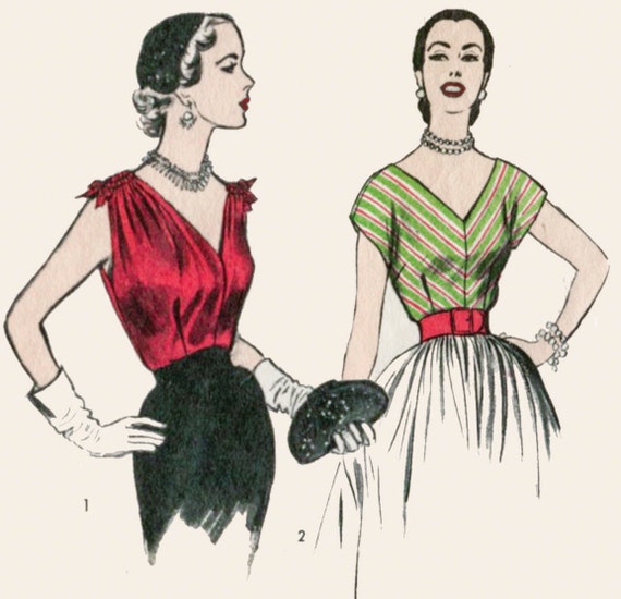 vintage sewing pattern / 1950s 50s  cocktail blouse / bustier fitted deep V neck / Bust 30 32 34 36 38 / reproduction
