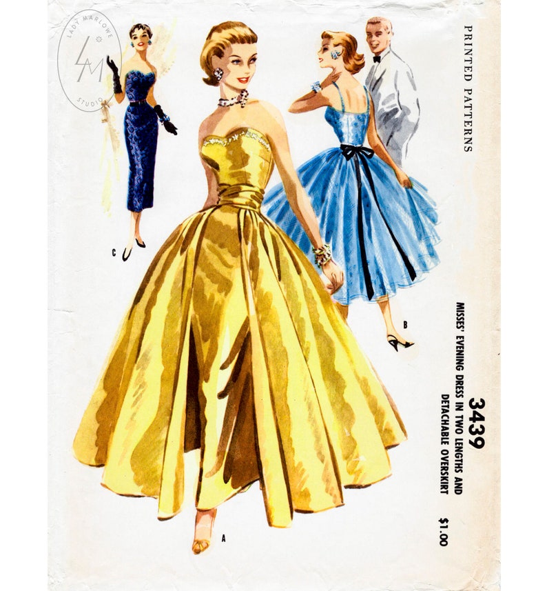 vintage sewing pattern 1950s 1960s evening dress cummberband & detachable overskirt Bust 32 34 36 38 image 1